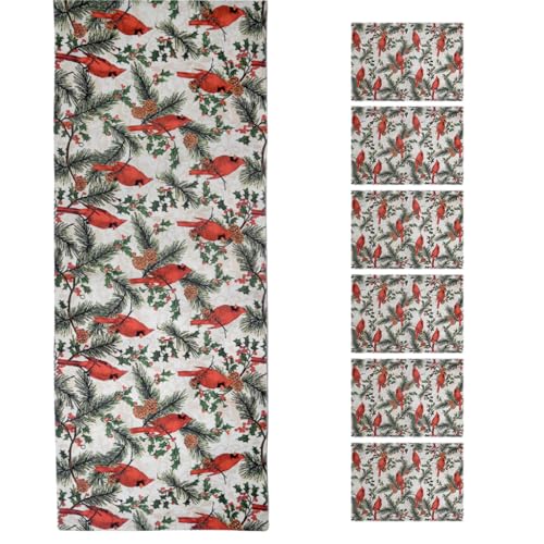 Image of Dining Table Mats Set of 6 with 135 cm Runner - Bird Red Green Christmas Theme,Digital Print, Washable, Indoor /Outdoor, Heat-Proof, Wipe & Clean (47X33 cm) Red & Green