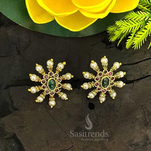 Image of Sasitrends Sasitrends Traditional Tops Gold Plated Ethnic Pearl Designer Studs Earrings for Women and Girls