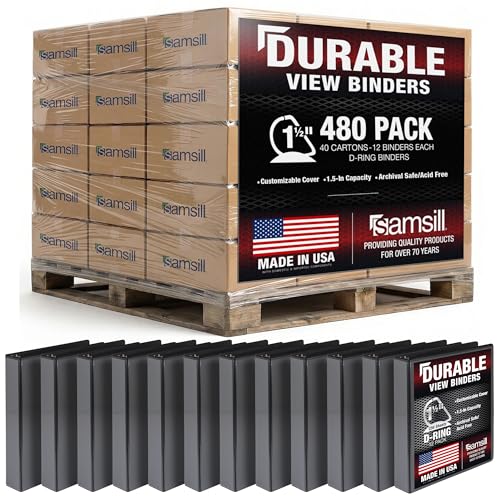 Image of Samsill Durable 1.5 inch 3 Ring Binder, Made in USA, D Ring Binder, 100% Recycled Chipboard, Black, Pallet of 480 Binders in 40 Cartons