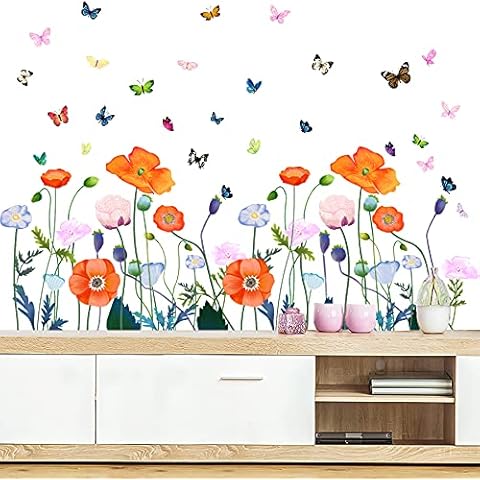 Colorful Flower Wall Stickers with Butterfly and Bee 78 Pcs Removable Flower Wall Decals DIY Peel and Stick Art Wall Decor Mural for Nursery Baby Kids Bedroom Living Room Kitchen Home Decoration Cover