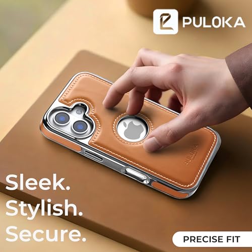 Image of PULOKA Chrome Leather Back Case - Compatible with iPhone 16 - Luxury Bumper Case - Flexible Vegan Leather - Electroplated Sides & Logocut - Full Camera Protetection & Raised Edges - TAN