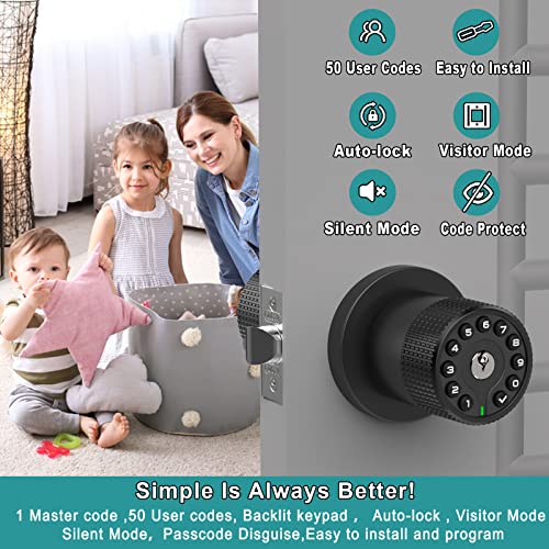 BOTHSTAR Keypad Door Knob with Key,Keyless Entry Door Lock, Code Locks Door Knob, Auto Lock,50 User Code,Easy to Install,for Home,Office,Bedroom,Garage,No Deadbolt