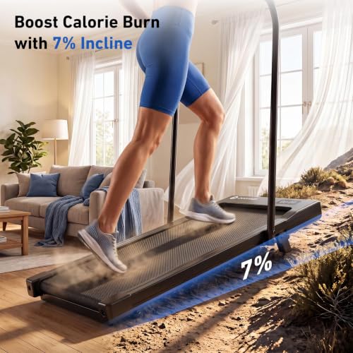Image of DeerRun Walking Pad Treadmill, 7% Incline Foldable Treadmill with Handlebar | Quiet Under Desk Treadmill with Handlebar, 2.5HP & 3.8MPH, 300 lbs Capacity for Home Office Walking with App