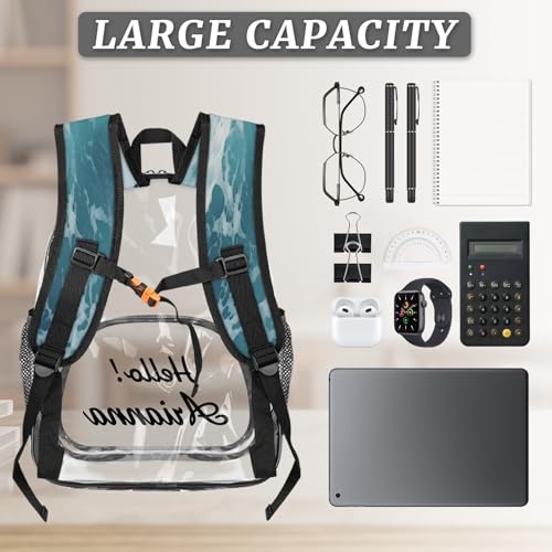 Beach Watercolor Blue Sea Personalized Small Clear Backpack Heavy Duty for Stadium Approved Custom Ocean Nature Scenery PVC Transparent Backpack with Name See Through Bag for Concerts3