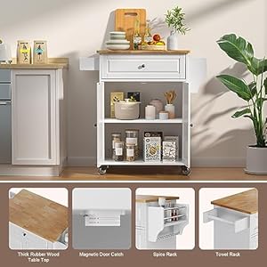 Gizoon Kitchen Island Cart with Adjustable Shelf, 35.8" W Mobile Trolley Cart on Metal Wheels with Drawer & Storage Cabinet, Spice Rack & Towel Rack, Wooden Countertop, for Dining Room, Bar, White Gizoon Kitchen Island Cart with Adjustable Shelf 358 W Mobile Trolley Cart on Metal Wheels with Drawer Storage Cabinet Spice Rack Towel Rack Wooden Countertop for Dining Room Bar White