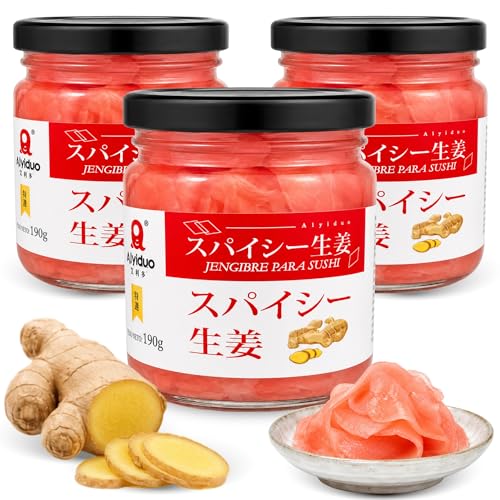 Jengibre rosa para sushi, beni shoga, Jengibre Encurtido, ideal para Sushi, okonomiyaki, yakisoba y Sashimi, La guarnición que tus platos japoneses, Contiene 3 unidad de 190 g