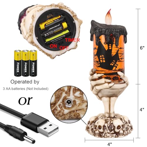 Image of Eldnacele Halloween Snow Globe Candles Lighted Lamp USB Powered Battery Operated Spooky Spinning Water Glittering Tornado Flameless Candles Skeleton Hand Holder Halloween Centerpiece Decor(Castle)