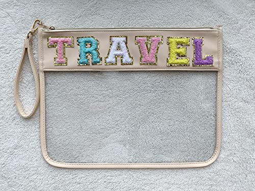 Image of Chenille Letter Clear Bag Purse Multi-purpose Transparent Waterproof Snacks Makeup Tote Bag with Wrist Strap