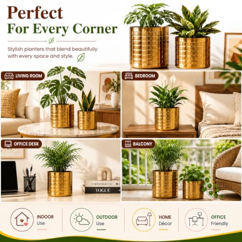Image of ecofynd 2 Pack Metal Plant Pots (7 inch, 6 inch), Indoor Small Planter Flower Pots, Home Garden Decor Planter for Living Room Bedroom Interior (Gold Finish, POT055)