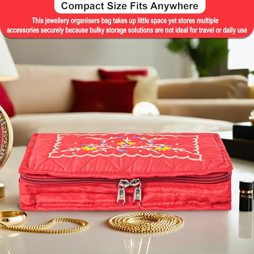 Image of Amazon Brand - Solimo Cotton Blend Embroidery Jewellery Kit cum Pouch, Red