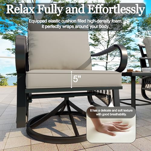 Image of 3 Pieces Outdoor Furniture Set, Metal 360 Swivel Rocking Chairs Bistro Sets, Patio Conversation Set with Side Table for Deck, Porch, Garden, Backyard, Poolside (Beige Cushions)