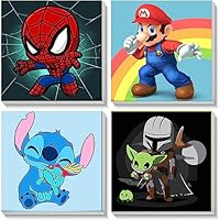 KOJEFCV 4 Pack Cartoon Paint by Number for Kids with Wooden Frame-Paint by Numbers for Kids Ages 4-8-12, DIY Paints with Numbers Easy Acrylic Oil Painting Kits for Home Wall Decor (8X8inch)