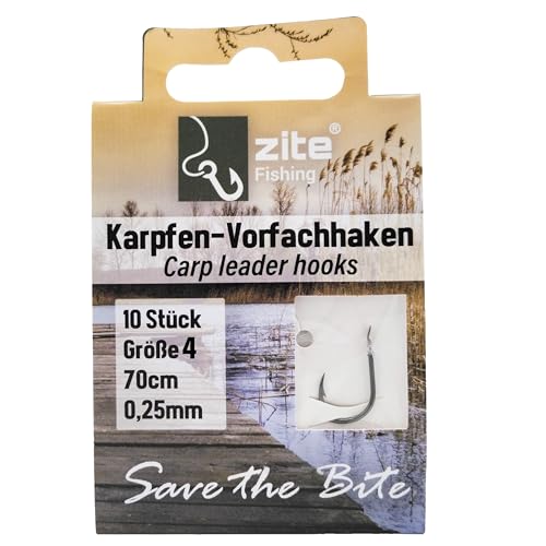 Zite Fishing Karpfen-Vorfachhaken Größe 4 | 10 Stück im Haken-Brief | Angelfertige Montage | Scharfe EInzelhaken…