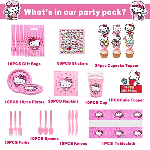 207Pcs Kitty Birthday Party Supplies, Kitty Party Decorations Set Include Happy Birthday Banner, Balloons, Swirls, Tableware, Cupcake Toppers For Kids Kitty Theme Party #TOP1