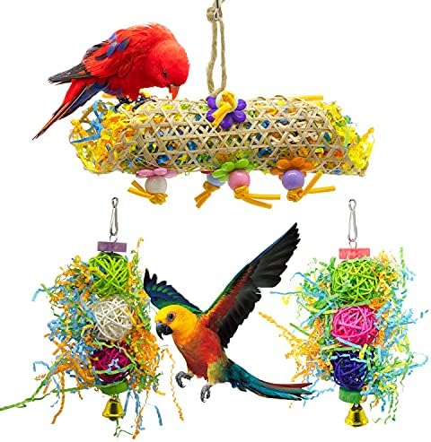EBaokuup 3Pack Bird Chewing Toys Foraging Shredder Toy Parrot Cage Bird Loofah Hanging Toy for Cockatiel Conure African Grey Parrot