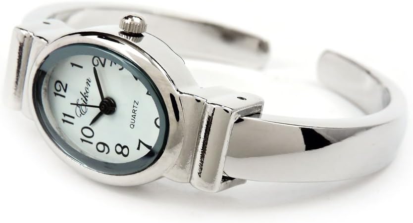 Silver Small Size 5-6" Wrist Size Oval Face Metal Band Women's Bangle Cuff Watch - Image 2