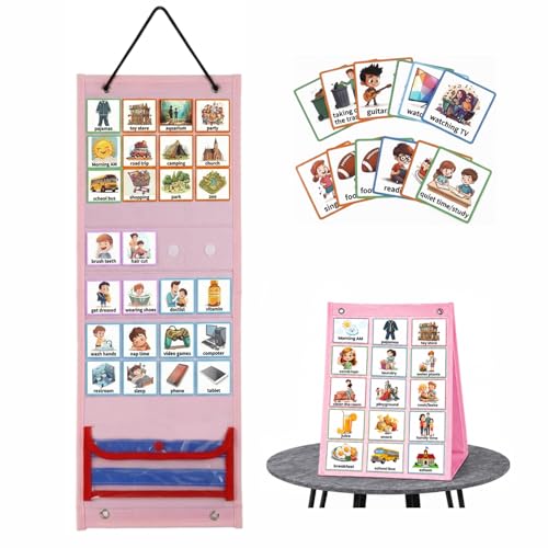 Image of PATPAT Flash Cards for Kids Visual Schedule Calendar Chart, 2 in 1 Foldable Autism Daily Chore Routine Chart with 96 Cards Montessori Learning Toys for 3+ Year Old Kids for Home School, Pink