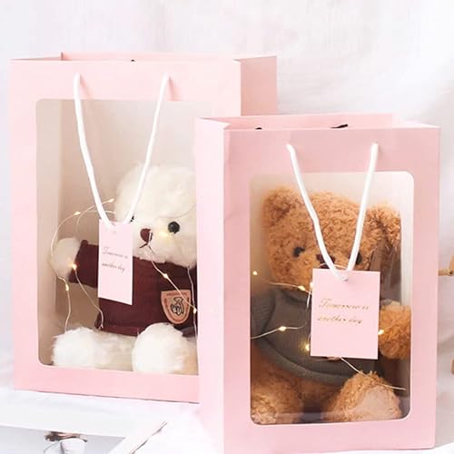 Miniatura 7 de iplusmile 10 bolsas de regalo rosas con ventana, bolsas de regalo de ramo de flores con asas de 13.4 x 9.1 x 3.9 pulgadas, bolsa de compras de papel