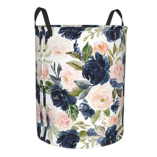 Storage Basket Circular Dirty Clothes Hamper Organizer Pack Navy Blue And Pink Watercolor Floral Large Laundry Basket With Handles Collapsible Washing Bin For Bedroom Bathroom Living Room Medium #TOP1