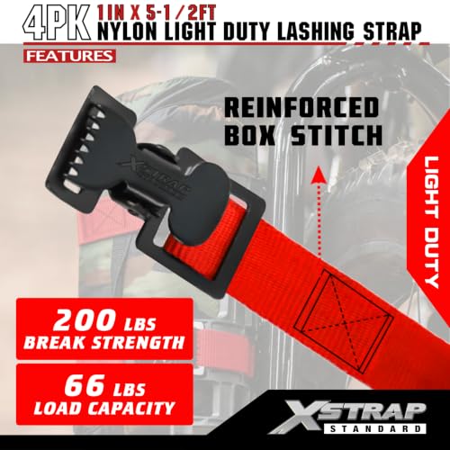 Image of XSTRAP 4pk 1 inch x 5-1 /2ft JUST Clip All-Purpose Lashing Strap, Red