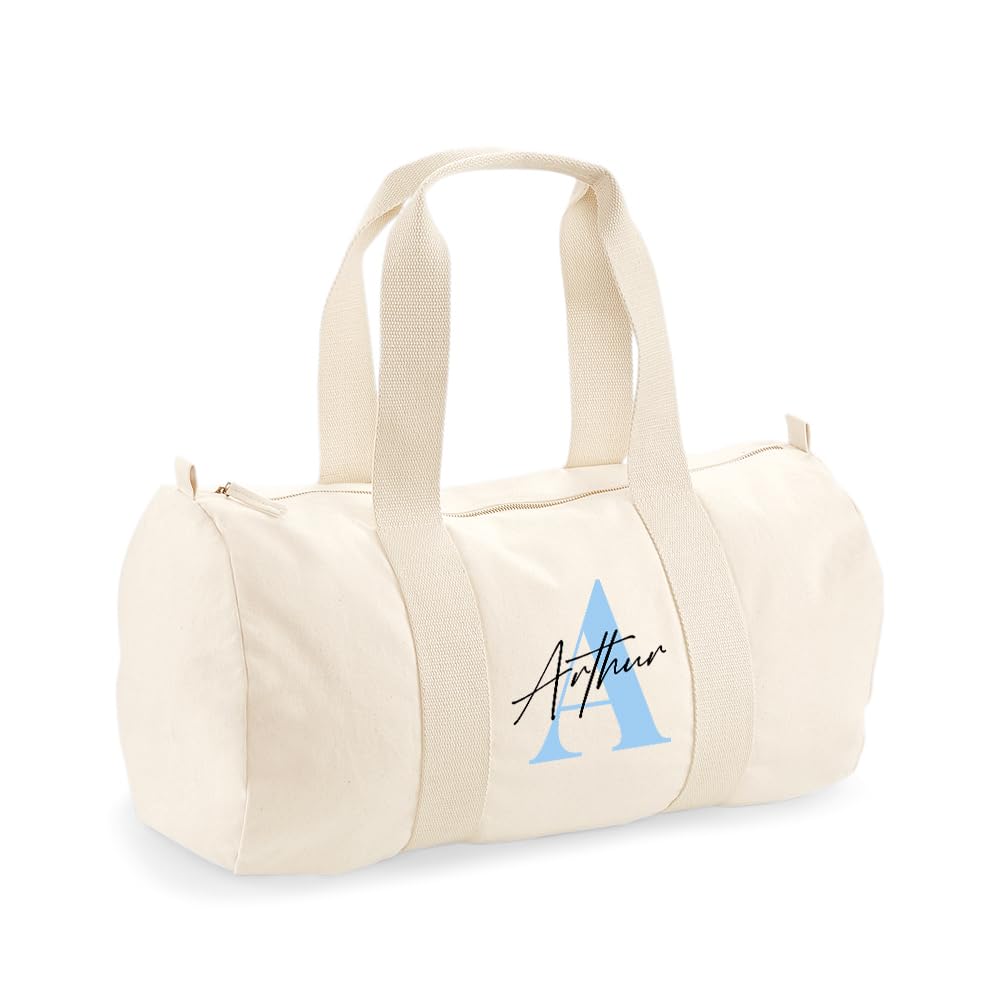 Personalised Bag Initial with Name, Alphabet Name, Barrel Bag, Holdall Zip Sports Duffle Bag. (Natural)