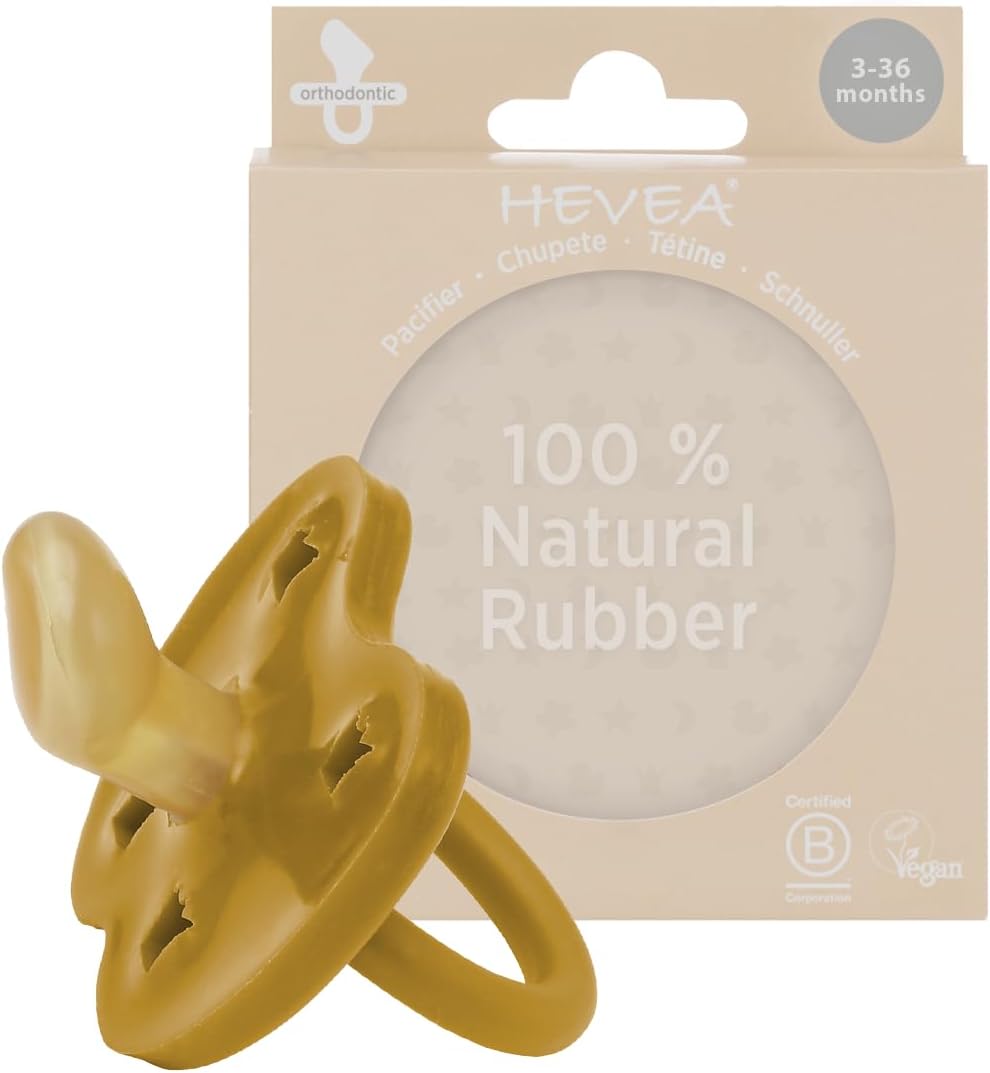 HEVEA Natural Rubber Pacifier ORTHODONTIC 3-36 Months – Hygienic One Piece Design for Newborns to Toddlers, BPA-Free, Soft & Durable - Single-Pack ( Golden Honey)