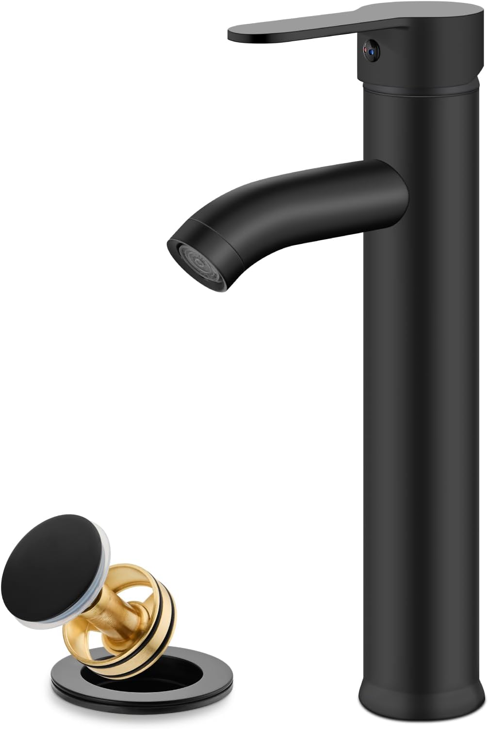 gotonovo Vessel Sink Faucet Modern Tall Bathroom Faucet Single Handle One Hole Stainless Steel Vanity Lavatory Rv Bowl Basin Mixer Tap with Supply Lines and Metal Pop Up Drain, Matte Black