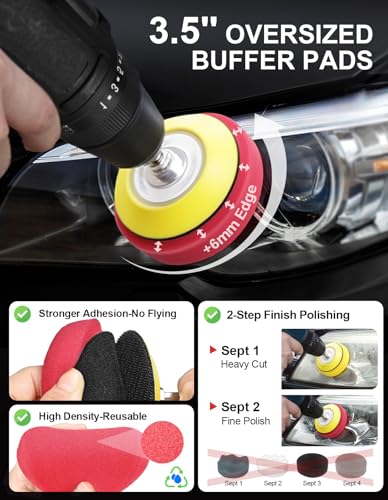 WEWINK PLUS 130Pcs Drill Sanding Polishing Attachment Kit, Wet Dry 3 Inch Sanding Discs 80-5000 Grit & Buffing Sponge Pads, Headlight Restoration Kit with 1/4\" Shank for Car, Epoxy Resin, Wood, Metal - Thumbnail 5