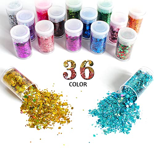 Licool Glitter 768494542863 Holographic Chunky Glitter, Set Of 36 Colors Craft Glitter Sparkle Sequins, Cosmetic Glitter Flake For Epoxy Resin, Body thumb #1