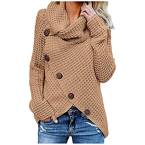 Womens Knit Sweater, Turtleneck Chunky Cowl Neck Button Asymmetric Side Button Split Hem Wrap Patchwork Pullover Jumper Khaki
