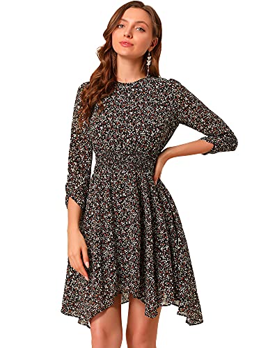 Allegra K Women s Floral Dress Shirred 3 4 Sleeve Asymmetrical Hem Smocked Dresses Large Black