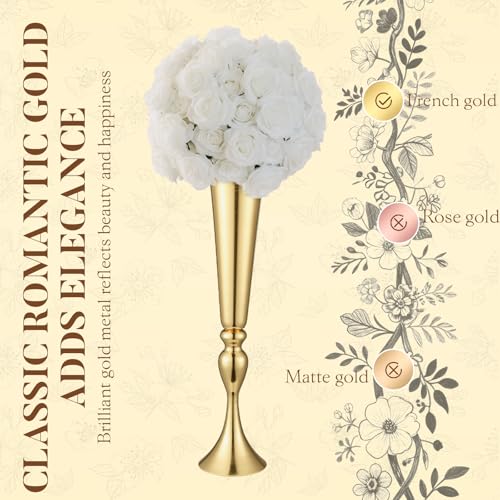Image of 12 Pcs Tall Gold Trumpet Vases for Centerpieces & Wedding Tables - 21.65 inch Tall Gold Flower Vase Set with Weighted Base, Metal Trumpet Centerpieces for Tables (Bases para Centros de Mesa)