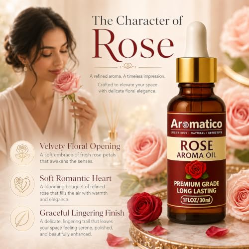 Image of AROMATICO Rose Diffuser Oil for Long-Lasting Natural Fragrance Oil for Aromatherapy, Meditation & Concentration | for Diffusers, Air Fresheners - 30ml