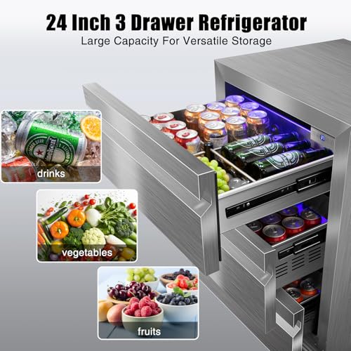 Image of 24 Inch Upgraded Three-Drawer Beverage Fridge, Weather Proof Outdoor Stainless Steel Beverage Refrigerator, Under Counter Built-in Beverage Cooler for Home & Commercial Use