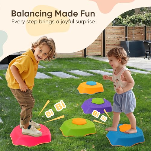 Image of G-WING Stepping Stones for Kids, 5-Piece Balance Stones with SOUND EFFECTS & Non-Slip Base, Indoor /Outdoor Motor Skills Toys for Toddlers Age 3+, Builds Coordination & Active Play - 220lb Weight Capacity