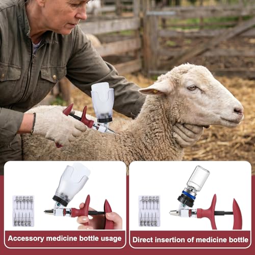 Image of 5ML Livestock Syringe Gun, Automatic Self Refill Injection Gun Continuous Adjustable Bottle Attachment Livestock Animal Syringe with 10 Needles, for Chicken, Duck, Pig, Sheep, Cow Poultry (Rose Red)