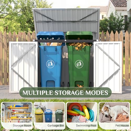 Image of AECOJOY Outdoor Trash Can Storage Shed, 46 Cu.Ft Metal Garbage Bin Enclosure with Lift-Up Lid & Gas Strut, Waterproof Outdoor Garbage Can Organizer, Bike Shed Backyard Patio Garden, White