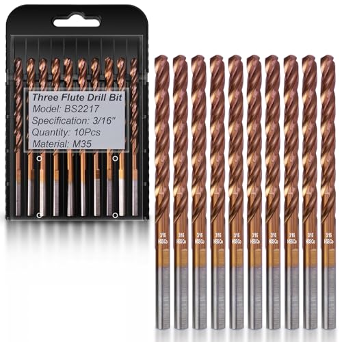 Bestwork 3/16" 3-Flute Cobalt Drill Bits, M35 Metal Drill Bits for Metal and Steel, 3-Flats Shank, 135 Degree Split Point, for Hardened Steel, Stainless Steel, 10-Piece — view 6