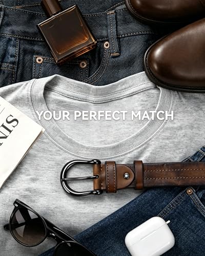 Image of Mens Belts Soft Italian Vegetable Tanned Leather Cowboy Casual Jean Belt 1.5 Wide 7 Holes Gift Box Packaging