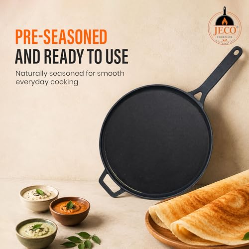Image of Cast Iron Dosa Tawa with Long Handle | Pre-Seasoned Non-Stick Iron Tawa for Dosa /Chilla /Roti | Heavy Duty Non-Toxic Cookware | Gas Stove & Induction Compatible | Black, 30cm, 2kg