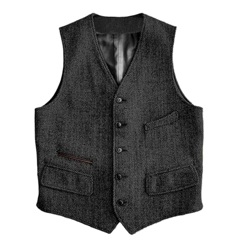 Image of SOLOVEDRESS Mens Vintage Classic Herringbone Pattern Suit Vest V Neck Casual Wool Blend Waistcoat for Men
