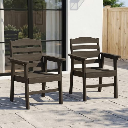 Image of HDPE Outdoor Dining Chairs Set of 2 | Weather Resistant Patio Stackable Chairs for Garden, Backyard, Lawn and Poolside, Brown