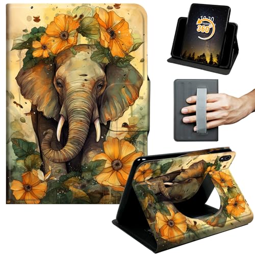 WZCJDHMJ Case for iPad mini 7 (A17 Pro) 2024/ Mini 6 8.3"-360 Degree Rotating Swivel Stand Smart Cover with Auto Wake Sleep & Hand Strap,Orange Flowers and Elephant