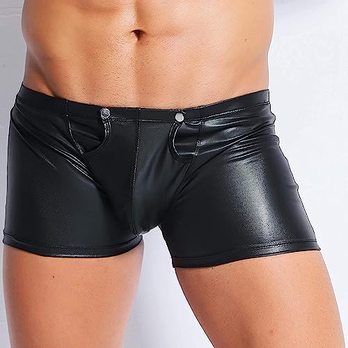 ARIASS Cuecas boxer de lingerie masculina, shorts pretos foscos com zíper brilhante, roupa de balada