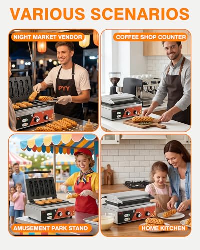 Image of PYY Corn Dog Waffle Maker - 6PcsCommercial Waffle Stick Maker Non-stick Stainless Steel Hotdog Waffle Maker Machine 572 ℉ Temperature and 5 Mins Timer for Food Truck, Bakery, Snack Bars 1500W