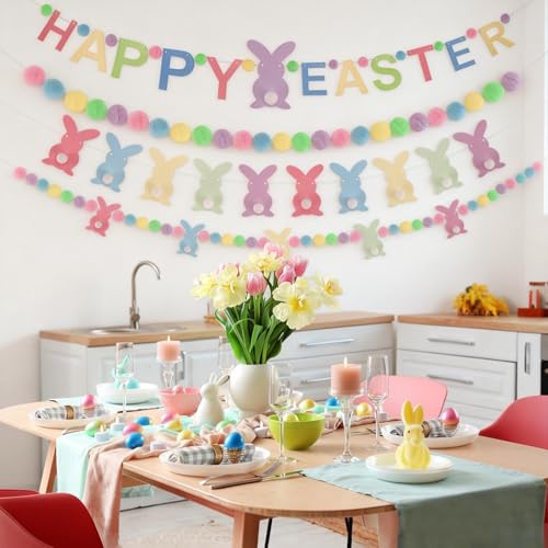Image of 4 Pcs Easter Day Bunny Felt Banner Colorful Happy Easter Felt Banner Colorful Pink Blue Yellow Pom Pom Ball Garland Bunny Rabbits Pompom Hanging Banner Hanging Garland for Home Party Favors