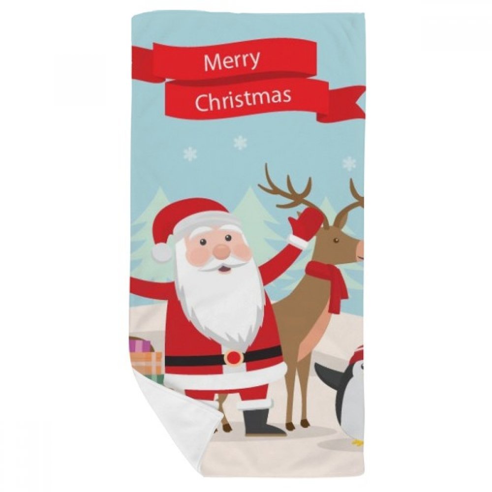 Serviette de bain Père Noël et élan 35x70cm multicolore en tissu doux
