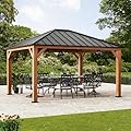 Modern Shade Tranquil Grove Wood Gazebo 12' x 14', Permanent Grill Gazebo with Galvanized Steel Hardtop Roof, Cedar Framed Wooden Pavilion for Garden, Backyard
