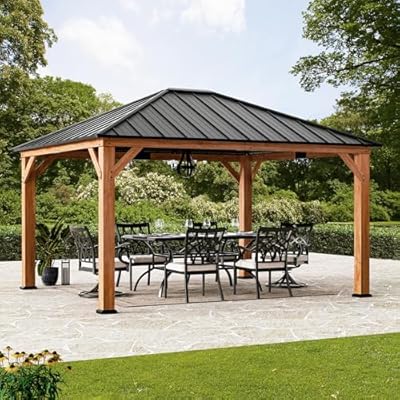 Modern Shade Tranquil Grove Wood Gazebo 12' x 14', Permanent Grill Gazebo with Galvanized Steel Hardtop Roof, Cedar Framed Wooden Pavilion for Garden, Backyard