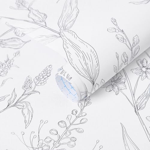 Yomshi Self Adhesive Vinyl Wallpaper White Grey Peel and Stick Wallpaper Removable 44×300cm Flower Leaf Textured Thicken Sticky Back Plastic for Living Room Bedroom Furniture